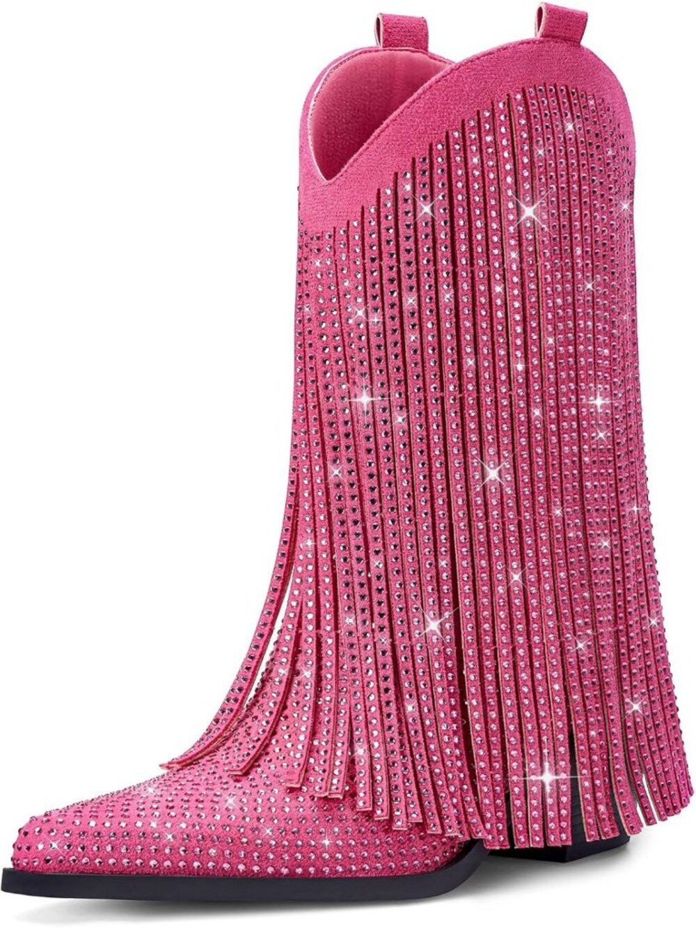 Women's Pink Bling Faux Suede Cowgirl Boots Star Studded Mid Calf Chunky Heels
